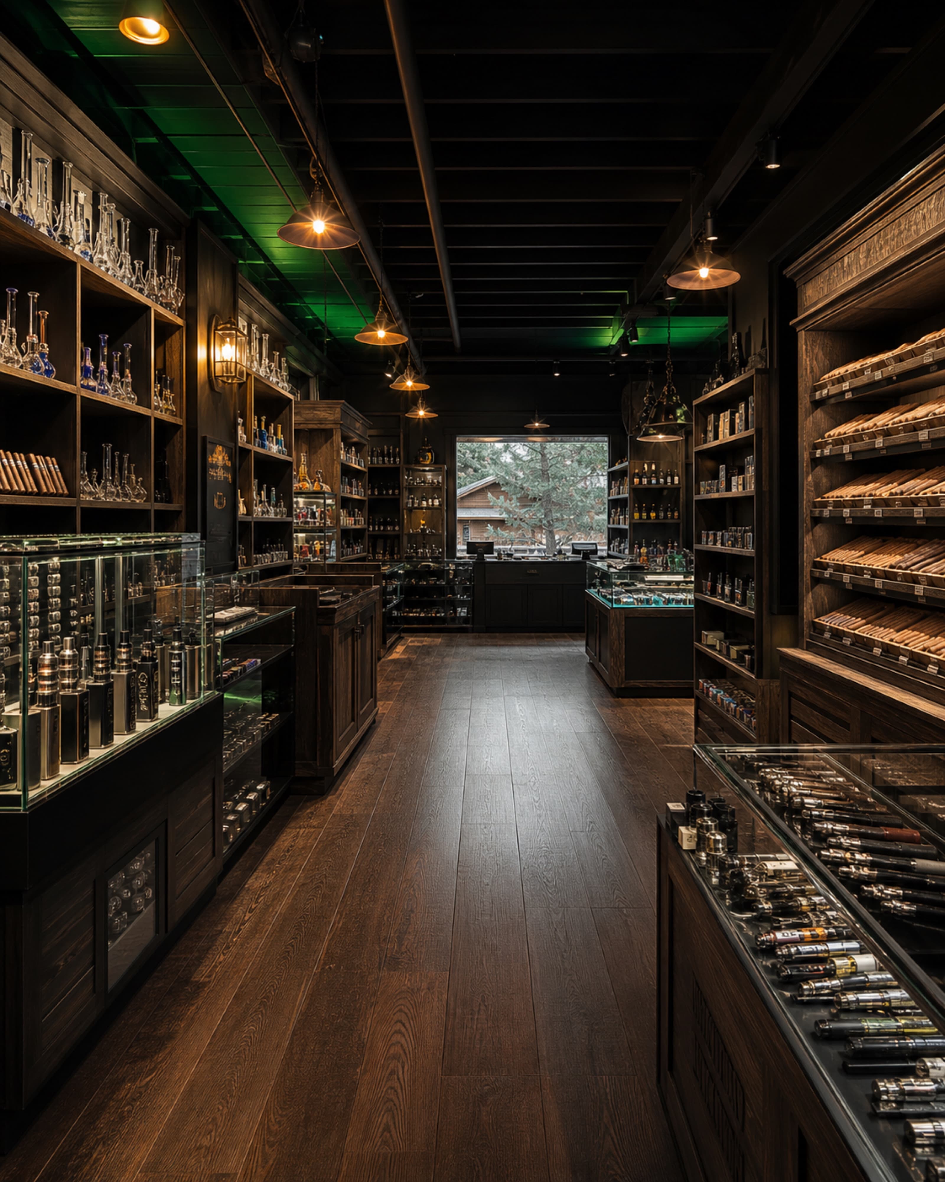 Editorial view of a warmly lit mountain smoke shop interior